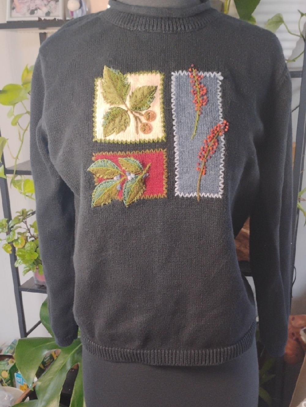 Marisa Christina Black Crewneck Sweater with Embroidered Botanical Patches